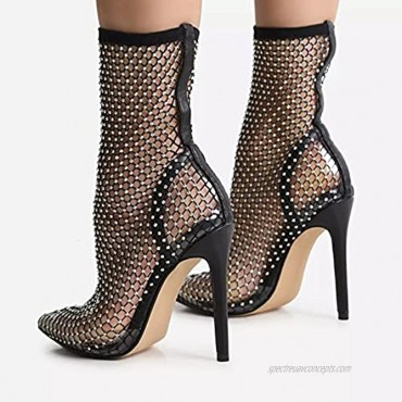 Women Bling Rhinestones Multi Colour Diamante Detail Stiletto Heel Ankle Sock Boot In Black Fishnet Pointed Toe Heeled Sandals Shoes