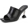 Women's Square Toe Stiletto Sandals Mules Open Toe Slip On Dress High Heels Backless Slides Heeled Slippers Black Leather PU Size US10