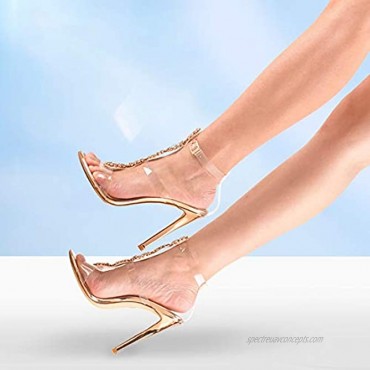 Yolkomo Women's Clear Strappy Gladiator Heels Rhinestones Stiletto Heels Ankle Strap Sandals