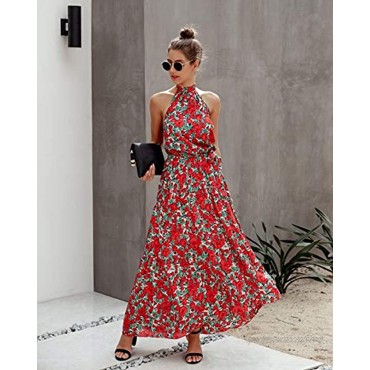 ECOWISH Women Dress Halter Neck Boho Floral Print Sleeveless Casual Backless Maxi Dresses with Belt