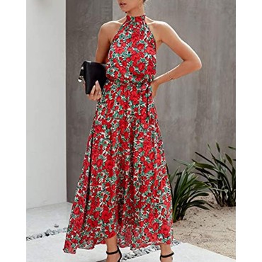 ECOWISH Women Dress Halter Neck Boho Floral Print Sleeveless Casual Backless Maxi Dresses with Belt