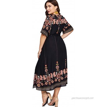Milumia Women Plus Size Tribal Wrap V Neck Short Sleeves Empire Waist Maxi Dress
