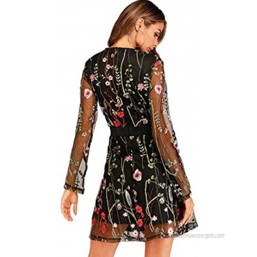 Milumia Women's Floral Embroidery Mesh Round Neck Tunic Party Dress