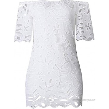 PRETTYGARDEN Women's Summer Off Shoulder Vintage Floral Lace Flare Short Sleeve Loose Elegant Mini Dress
