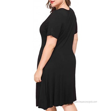 Tralilbee Women's Plus Size Short Sleeve Dress Casual Pleated Swing Dresses with Pockets