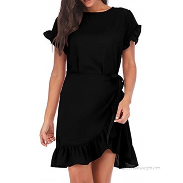 WEEPINLEE Womens Long Sleeve Round Neck Ruffles Wrap Dresses Party Dress