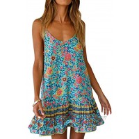 Womens Boho Floral Printed Dress Summer Sleeveless Adjustable Strap Beach Mini Dress with Pockets