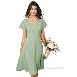 ALICEPUB V-Neck Chiffon Short Bridesmaid Dresses with Sleeves for Women Party Homecoming