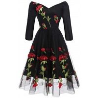 Aofur Women's Vintage Style Rose Embroidered 1950s Rockabilly Evening Party Lace Swing Tea Dress A Line Dresses