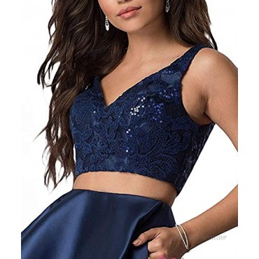HofnDolce Women's V-Neck Two Piece Dress Sequin Short With Pockets Prom Gowns