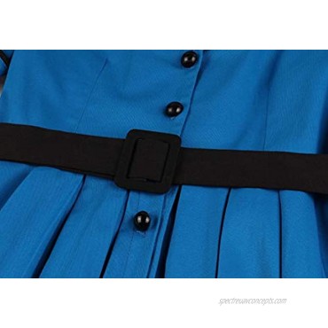 Wellwits Women's Cotton Pleated Lapel Button up Shirt Vintage Office Dress