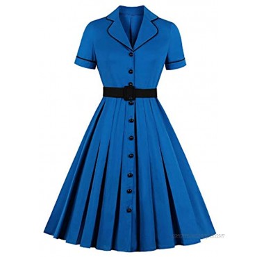 Wellwits Women's Cotton Pleated Lapel Button up Shirt Vintage Office Dress