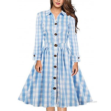 Women 50s Dress Plaid Pleated Waist Swing 1950s Vintage Dress Blue-Long Sleeve XL