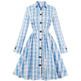 Women 50s Dress Plaid Pleated Waist Swing 1950s Vintage Dress Blue-Long Sleeve XL