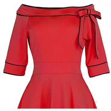 Women's Casual Off Shoulder Pocket Bowknot Rockabilly Swing Vintage Cocktail Party Dress 188