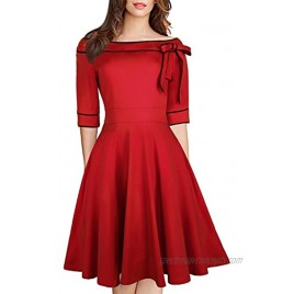Women's Casual Off Shoulder Pocket Bowknot Rockabilly Swing Vintage Cocktail Party Dress 188
