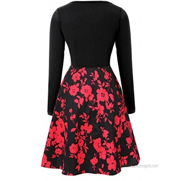 Womens Vintage Midi Dress Floral Long Sleeve A-line Cocktail Party Swing Dress with Pockets