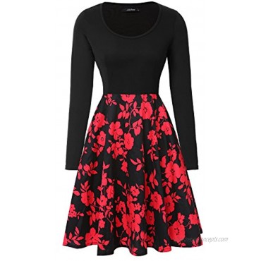 Womens Vintage Midi Dress Floral Long Sleeve A-line Cocktail Party Swing Dress with Pockets
