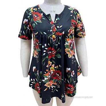 ALLEGRACE Women's Plus Size Floral Blouses Henley V Neck Button Up Tunic Tops Ruffle Flowy Short Sleeve T Shirt