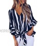 Asvivid Womens Summer Floral Printed V Neck Tops 3 4 Flare Sleeve Tie Knot T-Shirt Blouses