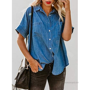 Bdcoco Womens's Button Down Denim Shirts Casual Short Sleeve Jean Blouse Tops with Pockets