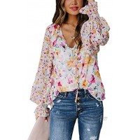 Biucly Women's Casual Boho Floral Print V Neck Long Sleeve Stylish Drawstring Tops Loose Blouses Shirts
