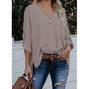 Dokotoo Womens 3 4 Bell Sleeve Short Sleeve V Neck Chiffon Tops Casual Solid Tops and Blouses Loose Shirts S-XXL