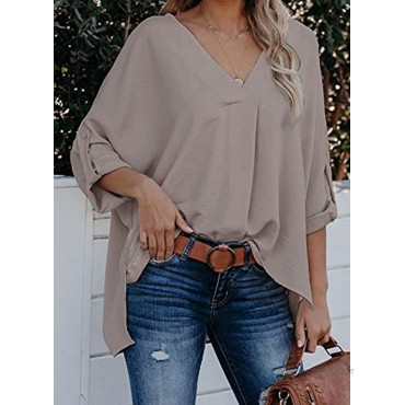 Dokotoo Womens 3 4 Bell Sleeve Short Sleeve V Neck Chiffon Tops Casual Solid Tops and Blouses Loose Shirts S-XXL