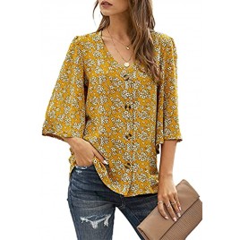 Ecrocoo Women's Casual 3 4 Tiered Bell Sleeve V Neck Print Button Down Loose Tops Blouses Shirt