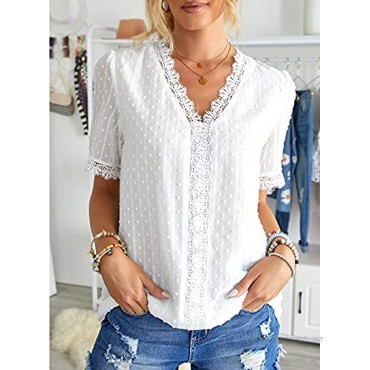 FARYSAYS Womens Summer Lace Tops V Neck Short Sleeve Shirts Vintage Elegant Polka Dot Blouses Tunic