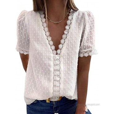 FARYSAYS Womens Summer Lace Tops V Neck Short Sleeve Shirts Vintage Elegant Polka Dot Blouses Tunic