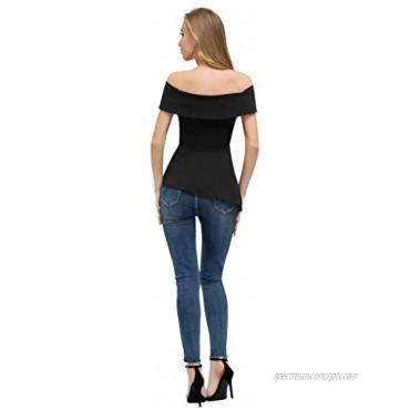 JASAMBAC Women's Off The Shoulder Tops Elegant Asymmetrical Ruffle Peplum Blouse Shirt
