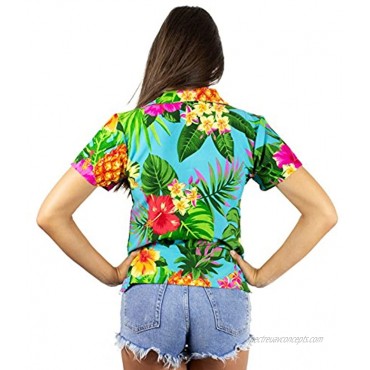 KING KAMEHA Funky Hawaiian Shirt Blouse Women Shortsleeve Frontpocket Hawaiian-Print Leaves Flowers Pineapple