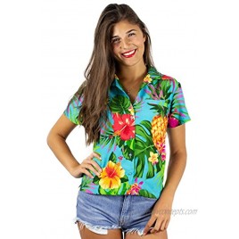 KING KAMEHA Funky Hawaiian Shirt Blouse Women Shortsleeve Frontpocket Hawaiian-Print Leaves Flowers Pineapple