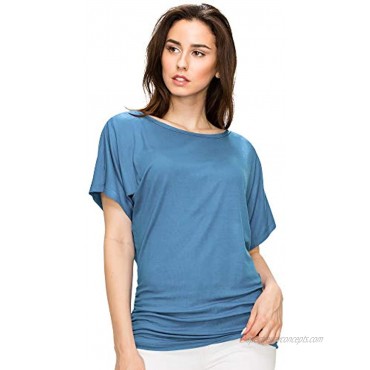 Made By Johnny MBJ Women's Solid Short Sleeve Boat Neck V Neck Dolman Top with Side Shirring