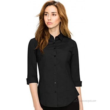 Made By Johnny Women's Solid 3 4 Sleeve Stretchy Button Down Collared Office Formal Casual Blouse S~3XL