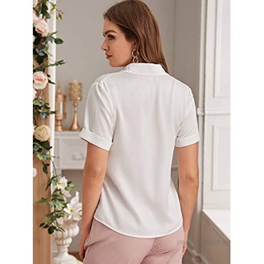 Milumia Women Elegant Short Sleeve Satin Shirt Button Up Solid Office Workwear Blouse Top
