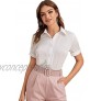 Milumia Women Elegant Short Sleeve Satin Shirt Button Up Solid Office Workwear Blouse Top