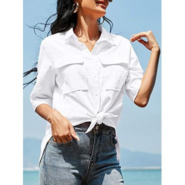 Niitawm Womens Button Down Blouse Shirts Short Sleeve V Neck Casual Loose Collared Tops with Pockets
