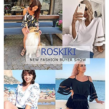 ROSKIKI Womens Summer Sexy Cold Shoulder Tops Mesh Panel 3 4 Bell Sleeve Solid Color Tees Loose Fit Shirts