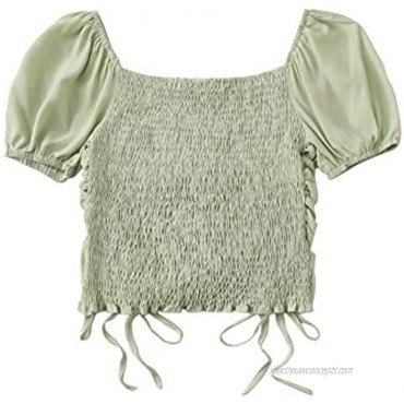 SheIn Women's Puff Short Sleeve Square Neck Shirred Drawstring Crop Blouse Top