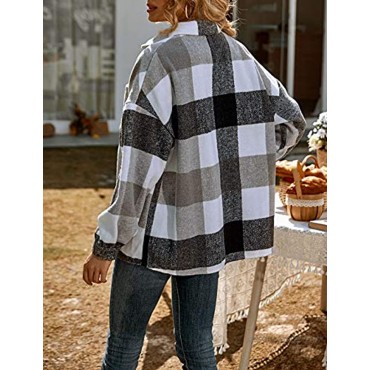 UANEO Womens Casual Plaid Button Down Long Sleeve Wool Blend Shirt Jacket Shackets