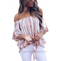 USUASID Women's Striped Off The Shoulder Tops 3 4 Bell Sleeve Tie Knot Casual Blouse Shirts
