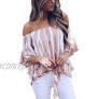 USUASID Women's Striped Off The Shoulder Tops 3 4 Bell Sleeve Tie Knot Casual Blouse Shirts