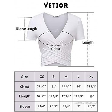 VETIOR Women's Deep V Neck Short Sleeve Tops Unique Slim Fit Cross Wrap Shirts Crop Tops