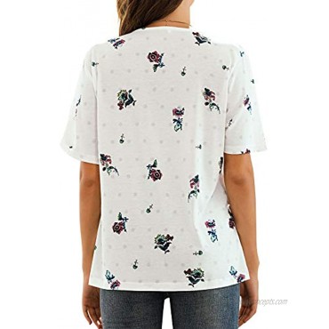 WLLW Women Bohemian Short Sleeve V Neck Floral Print T Shirt Babydoll Shirt Blouse Tunic Top