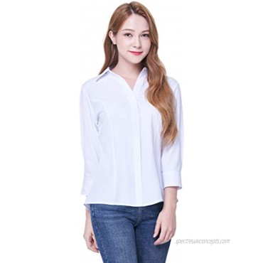 Women's Button Down Shirt 4-Way Stretch V Neck Blouse Wrinkle Resistant & Breathable 3 4 Sleeve Collared Work Top