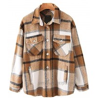 Womens Casual Flannel Wool Blend Plaid Lapel Button Down Long Sleeve Shacket Jacket Coat Winter Loose Oversize Shirts