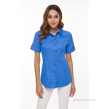 Women's Cotton Basic Simple Stretch Button Down Shirt Tailored Short Sleeve Blouse