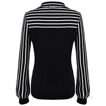 Women's Tie-Bow Neck Striped Blouse Long Sleeve Shirt Office Work Splicing Blouse Shirts Tops